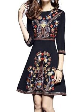 Lai Meng Five Cats Embroidered Fliral Folk  Black Dress Sz.L NWT